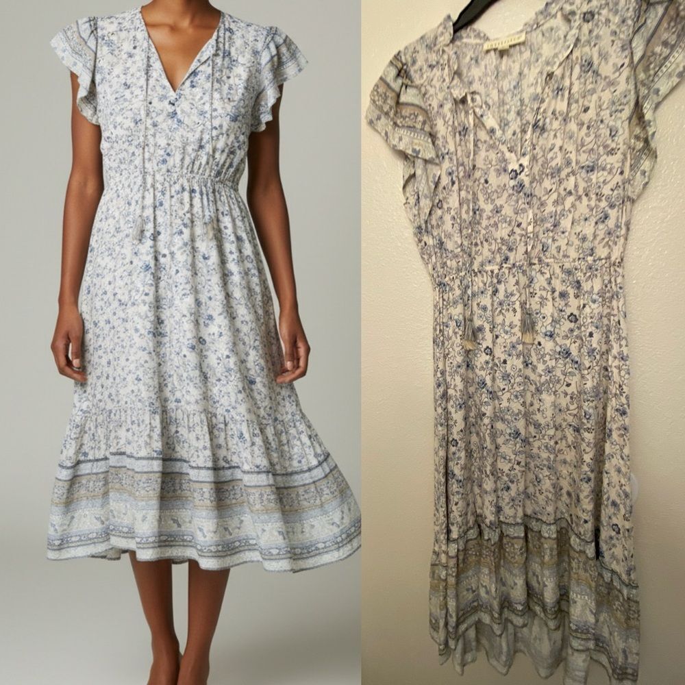 Lovestitch Natural life boho floral rayon Tiered V neck Maxi midi Dress pastel M
